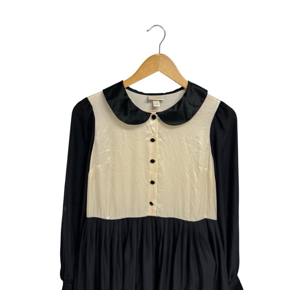 Erin Fetherston Juniors Silk Dress Long Sleeve Button Collar beige black size 5 - Picture 3 of 10
